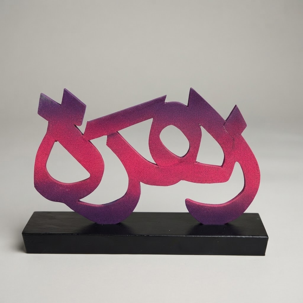 A name, cut and stood in a black base